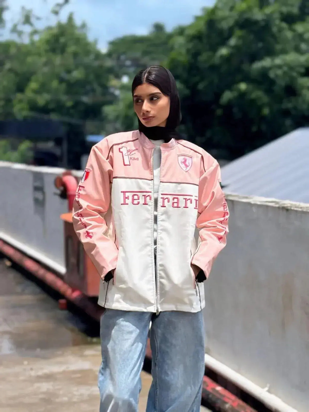 Ferrari-Inspired Women's Racing Jacket - Pink & White Streetwear | ECLATTE Eclatte