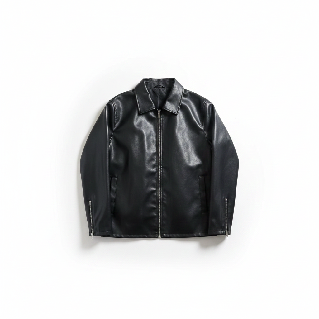 Black Leather Jacket Men with Collar — Zip Front, Slim Fit
