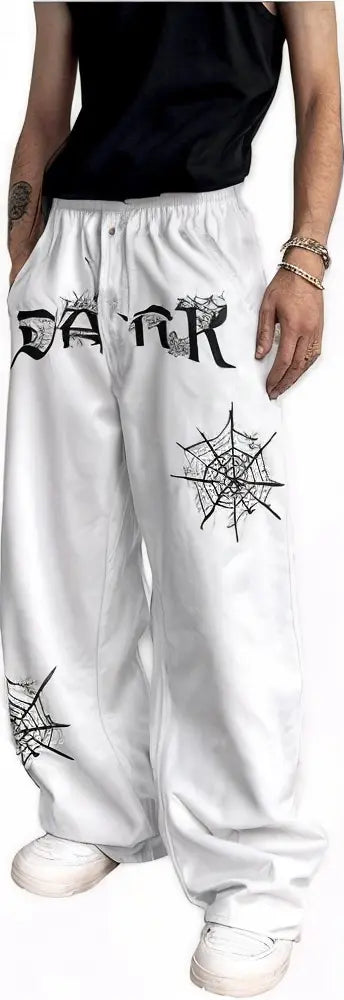 WHITE GOTHIC BAGGY PANTS - OVERSIZED STREETWEAR WITH DARK WEB PRINT Eclatte
