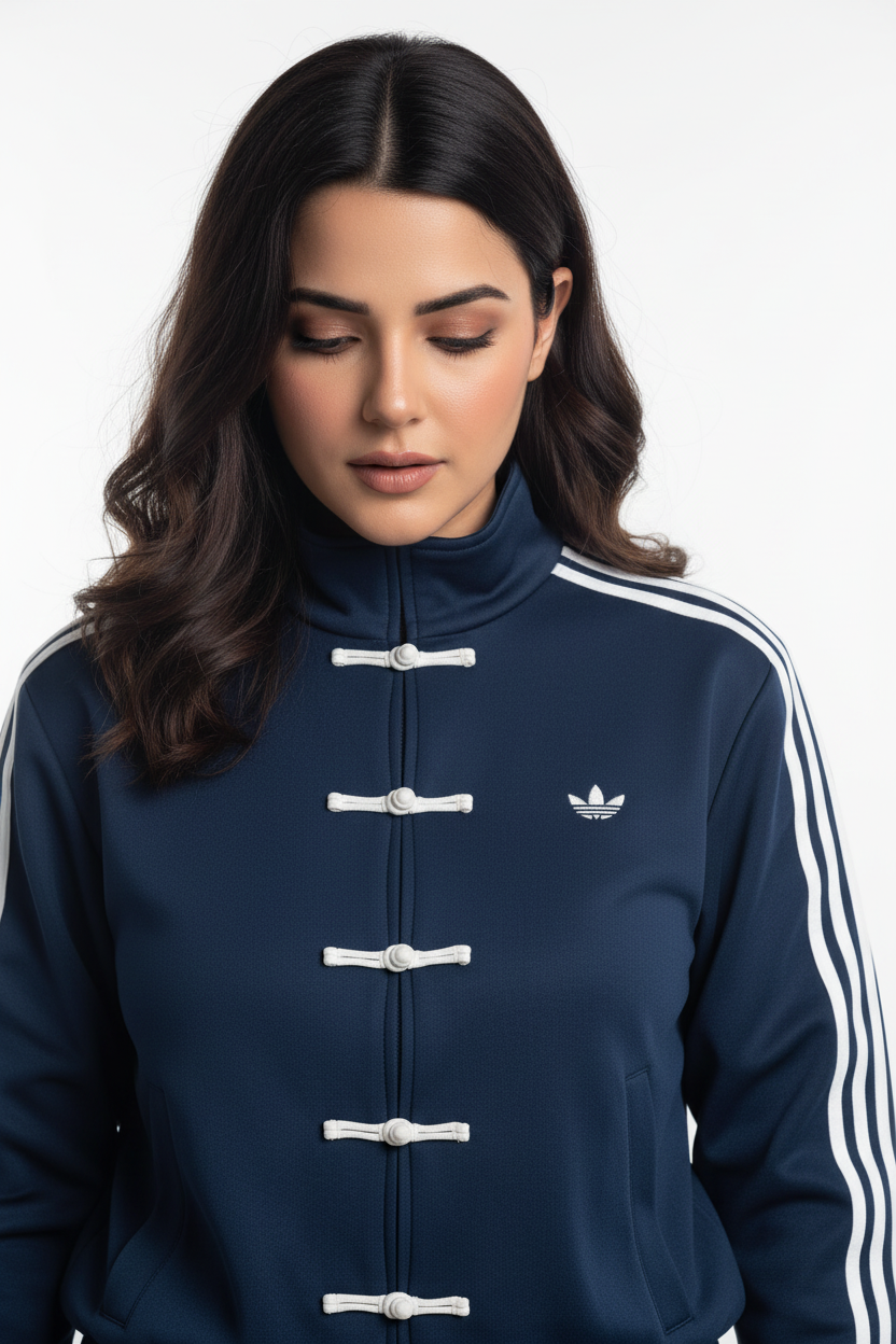 Female Model Looking Down Deep Navy Blue Adidas Jacket