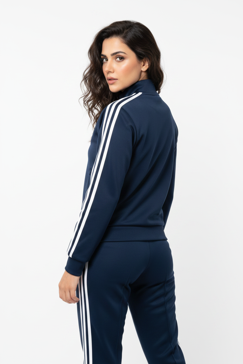 Female Model Over Shoulder Glance Adidas Navy Jacket Trackpants