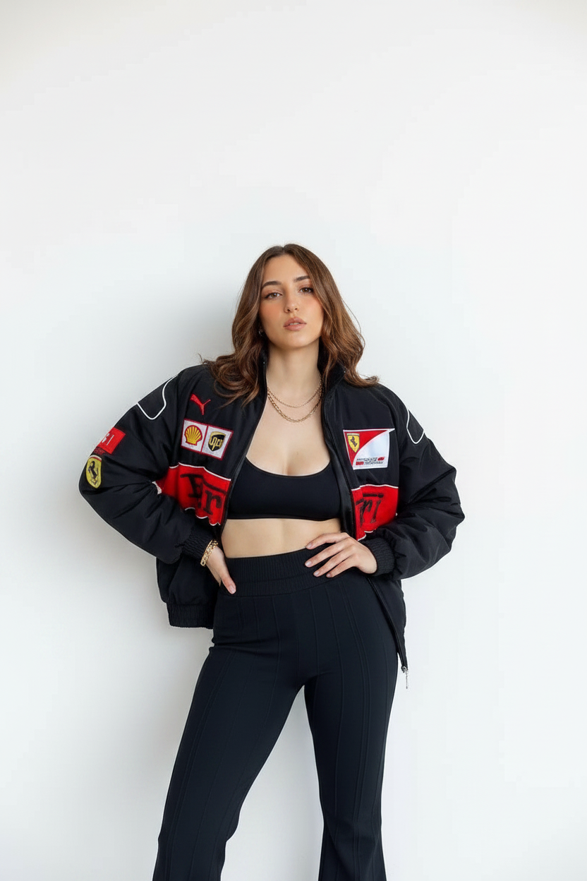 Black Ferrari Jacket – F1-Inspired Streetwear | Eclatte
