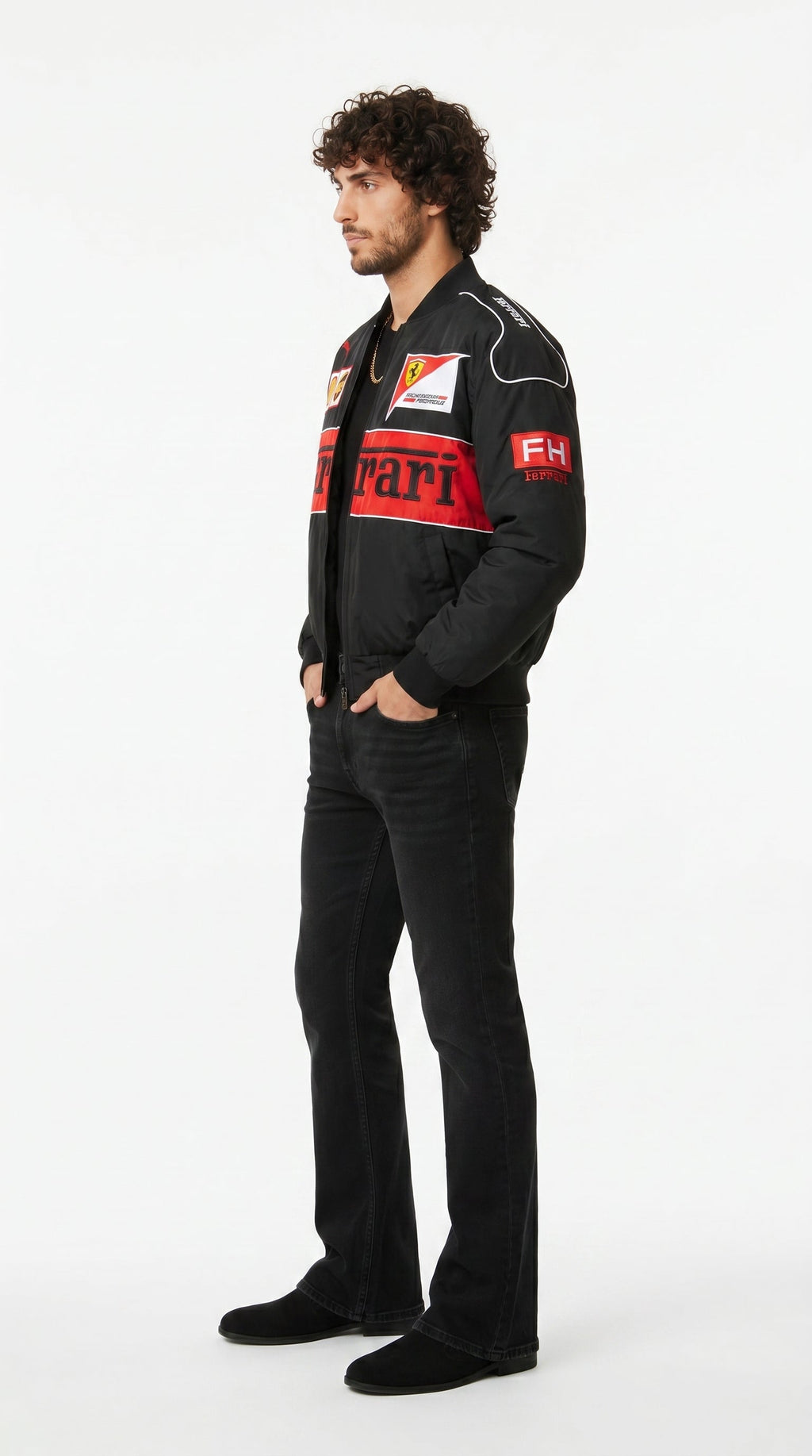 90-degree side view of the Eclatte Ferrari Racing Jacket on a male model, showcasing the structured fit and sleeve branding.