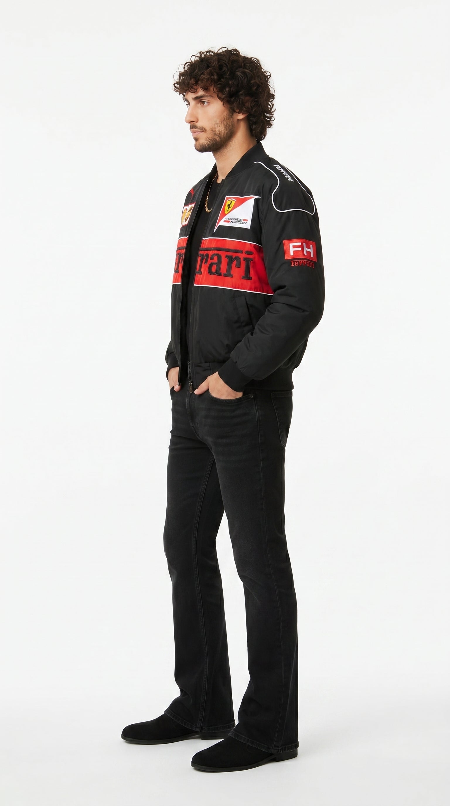 90-degree side view of the Eclatte Ferrari Racing Jacket on a male model, showcasing the structured fit and sleeve branding.