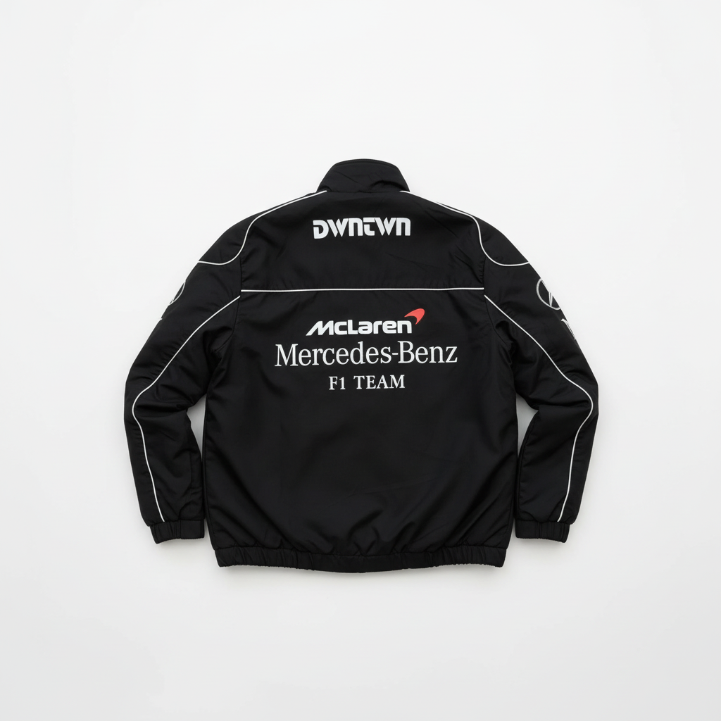 Mercedes Racing Jacket Back View - Vintage AMG Style Flat Lay | Eclatte