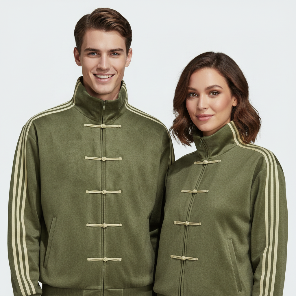 Two people wearing matching green cny jackets with white stripes on a light gray background