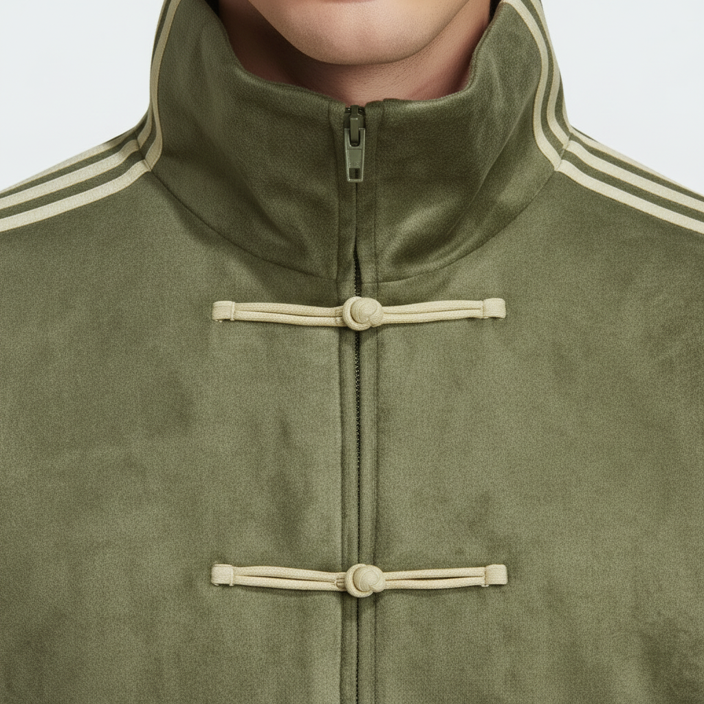 Close-up of a green cny jacket with beige accents on a white background