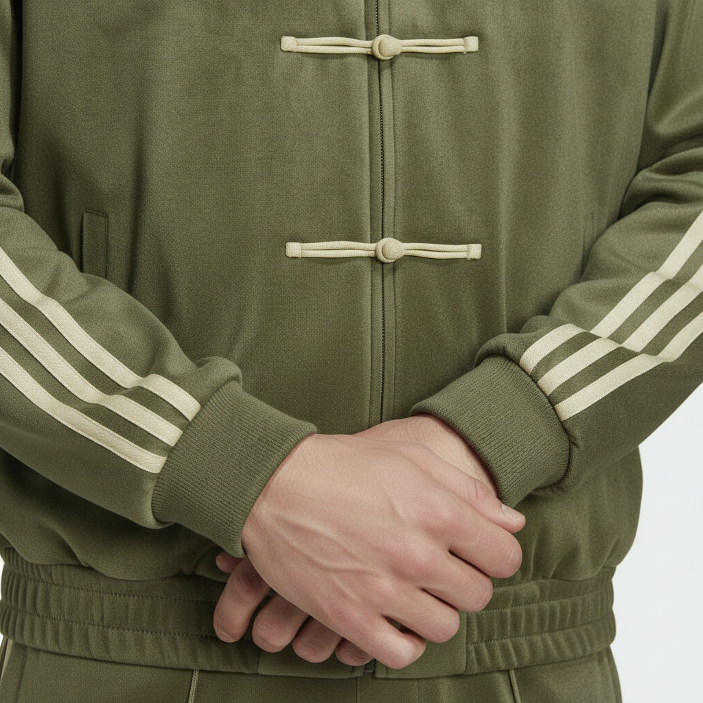 Green cny jacket tracksuit with white stripes on sleeves against a neutral background