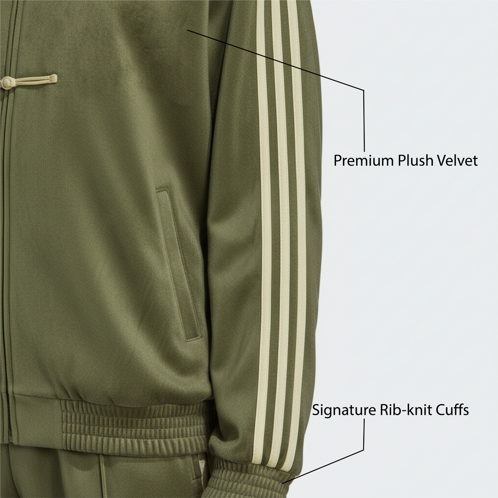 Green cny jacket tracksuit with white stripes on sleeve and text indicating 'Premium Plush Velvet' and 'Signature Rib-knit Cuffs'.