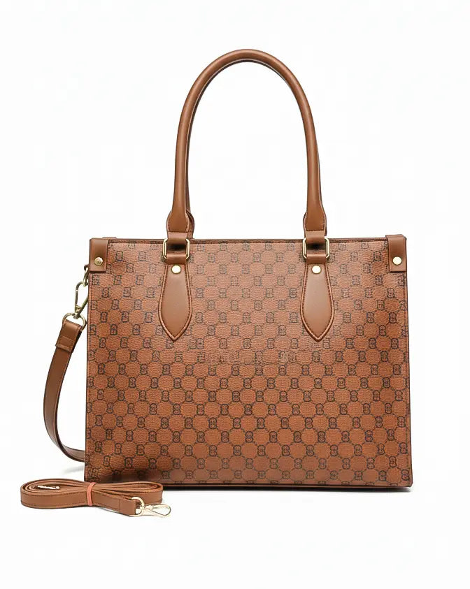 Brown patterned tote handbag with leather handles and detachable shoulder strap, modern streetwear style