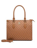 Brown patterned leather handbag with top handles, gold hardware, and detachable strap