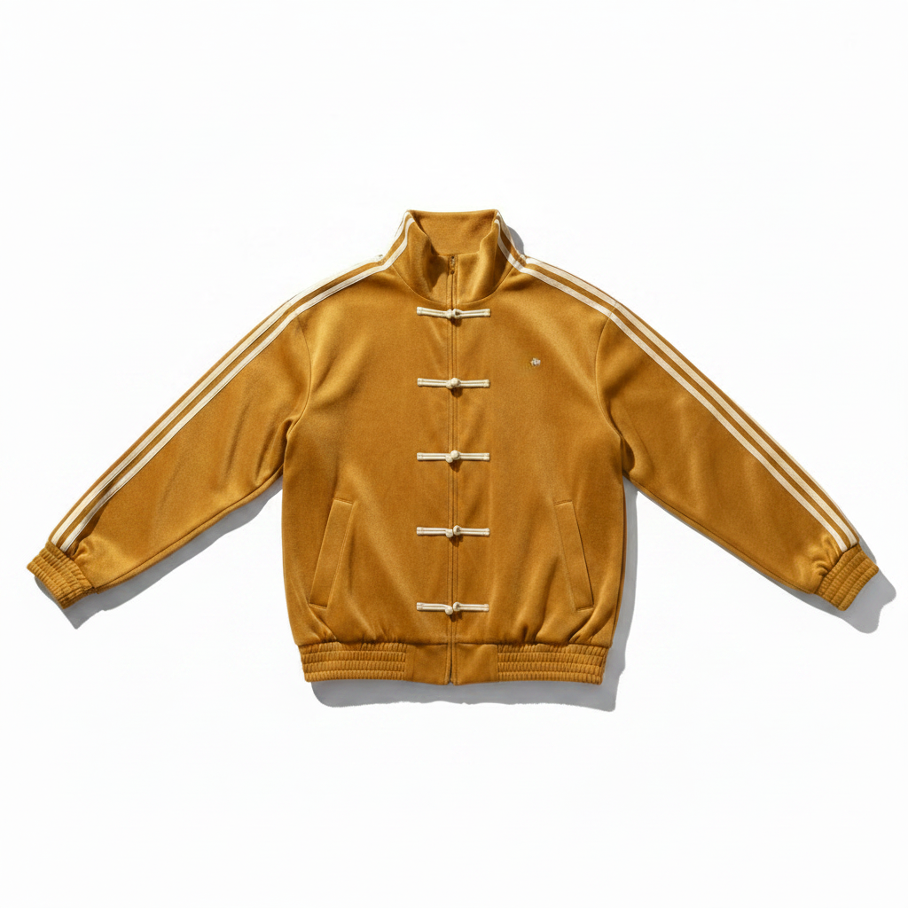 Yellow jacket with white stripes on sleeves against a white background