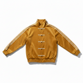 Yellow jacket with white stripes on sleeves against a white background
