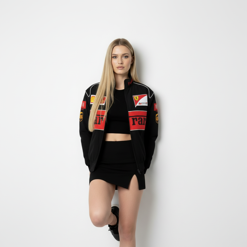 Same Blonde Model Leaning Wall One Leg Bent Ferrari Jacket