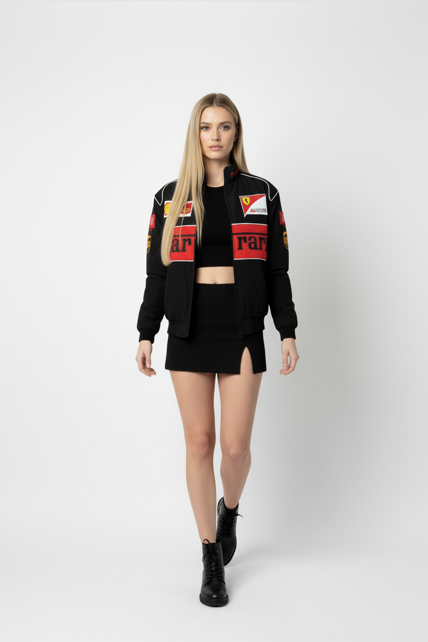 Same Blonde Model Mid Walk Stride Ferrari Jacket