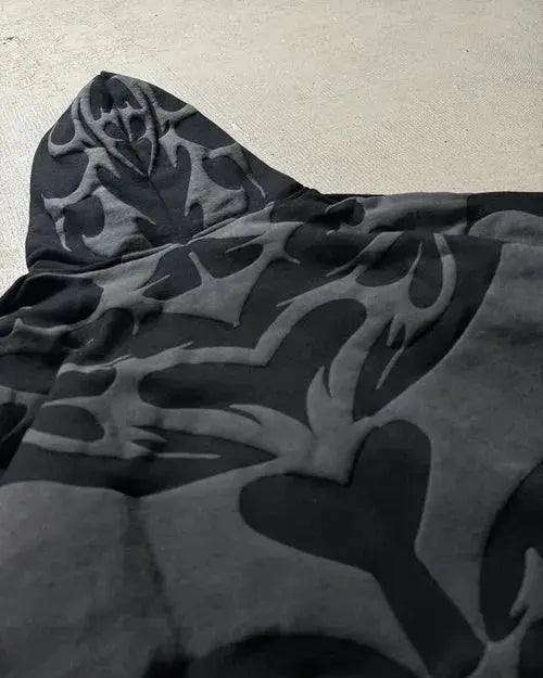 Gothic Tribal Shadow Cropped Hoodie – Dark Streetwear | ECLATTE Eclatte