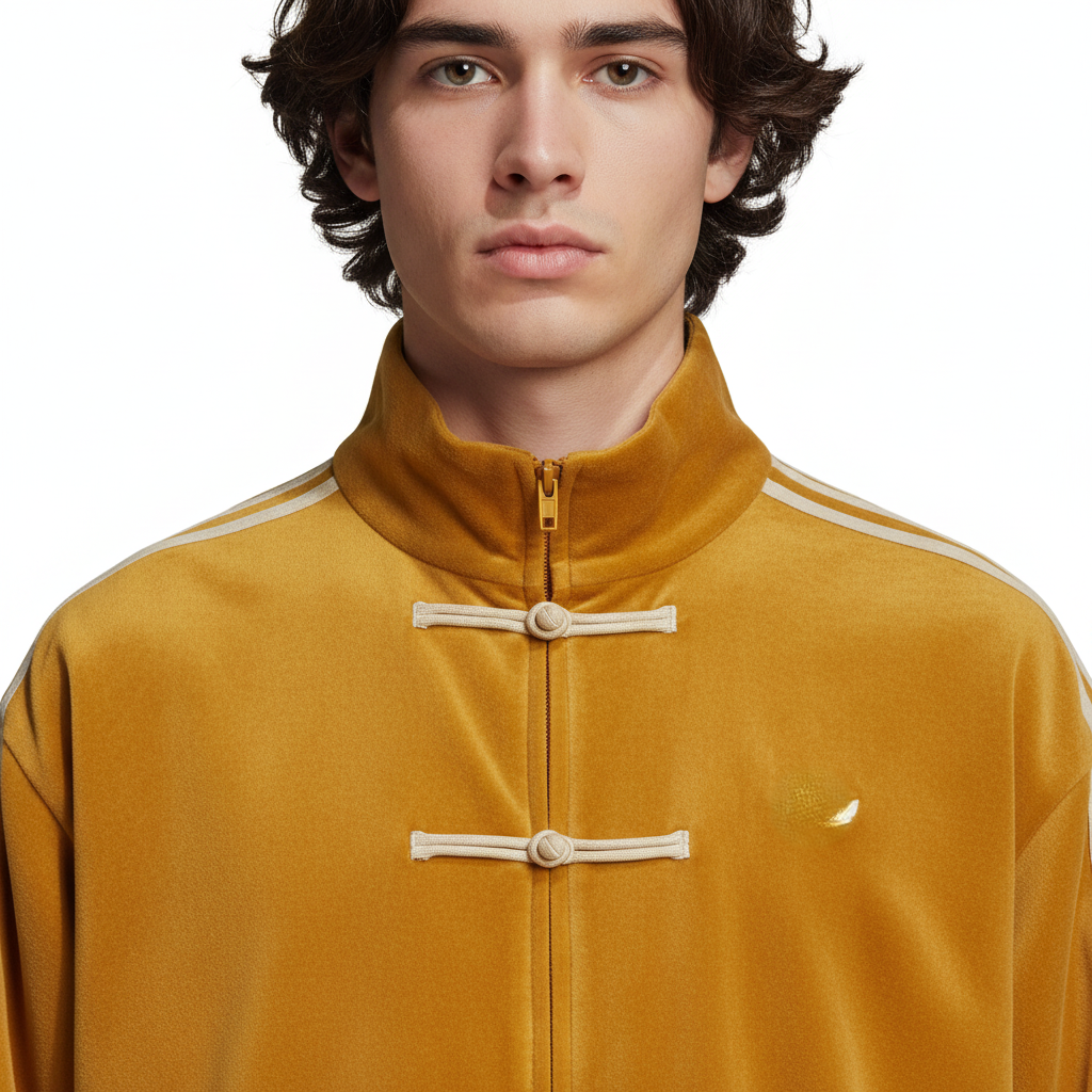 Man wearing a mustard yellow Cny jacket with white accents on a white background