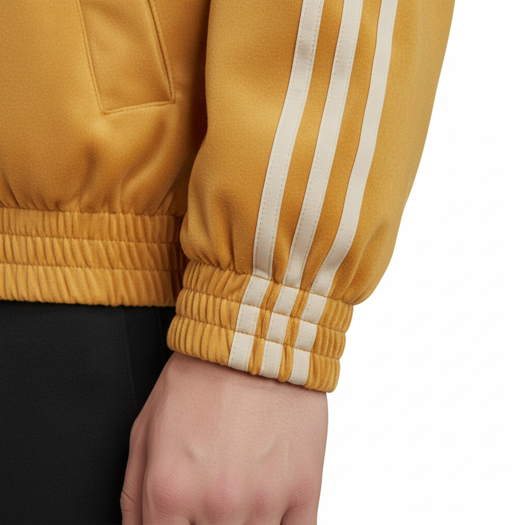 Close-up of a mustard yellow Cny jacket with white stripes on the sleeve, worn by a person.