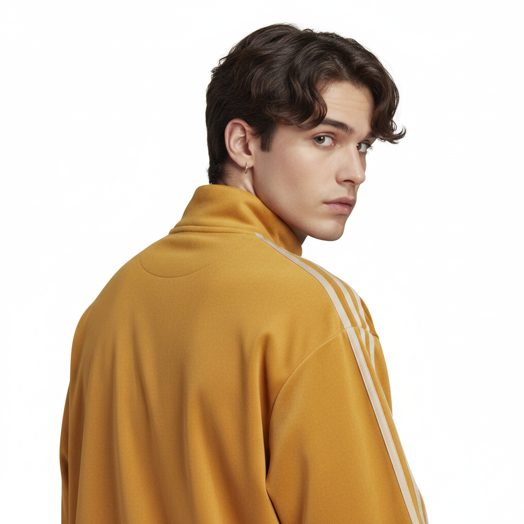 Man wearing a mustard yellow cny jacket tracksuit with white stripes on a white background