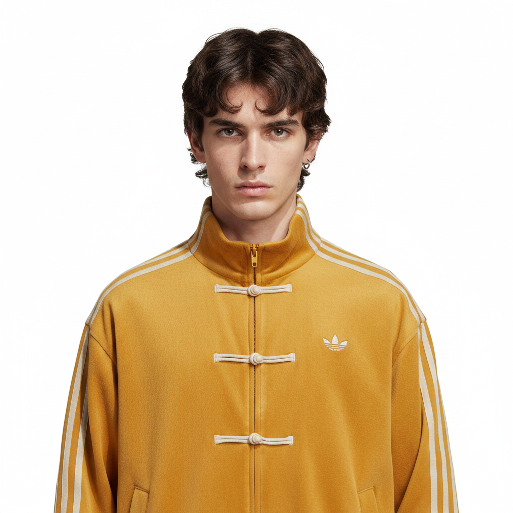 Man wearing a mustard yellow Adidas cny jacket with white stripes on a white background